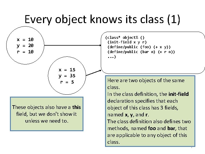 Every object knows its class (1) (class* object% () (init-field x y r) (define/public