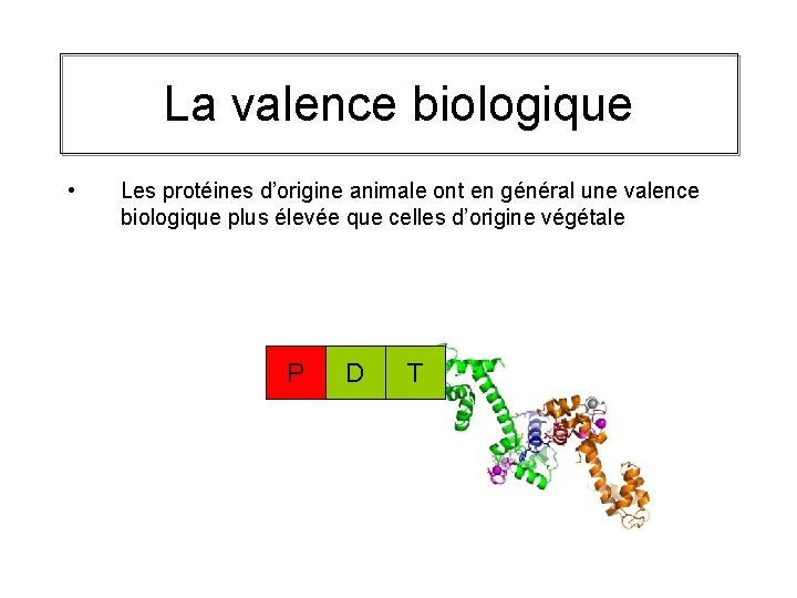 La valence biologique • Les protéines d’origine animale ont en général une valence biologique