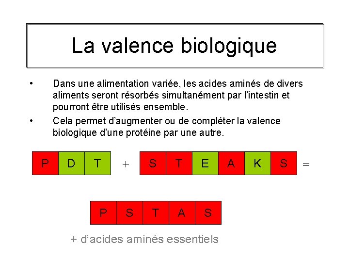 La valence biologique • Dans une alimentation variée, les acides aminés de divers aliments