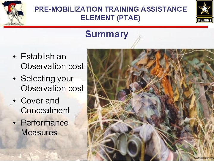 PRE-MOBILIZATION TRAINING ASSISTANCE ELEMENT (PTAE) Summary • Establish an Observation post • Selecting your