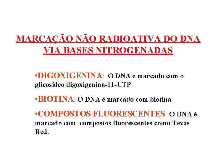 MARCAÇÃO NÃO RADIOATIVA DO DNA VIA BASES NITROGENADAS • DIGOXIGENINA: O DNA é marcado