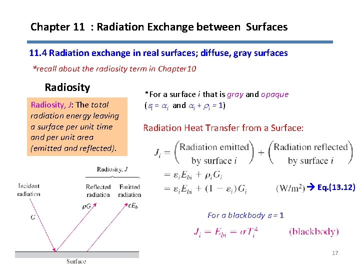 Chapter 11 : Radiation Exchange between Surfaces 11. 4 Radiation exchange in real surfaces;