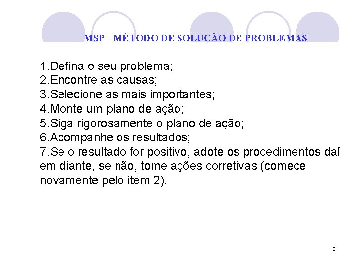 MSP - MÉTODO DE SOLUÇÃO DE PROBLEMAS 1. Defina o seu problema; 2. Encontre