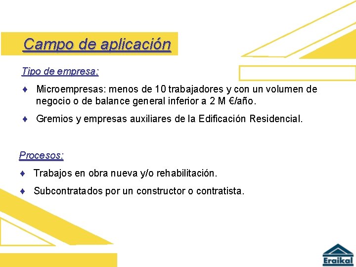 Campo de aplicación Tipo de empresa: ¨ Microempresas: menos de 10 trabajadores y con