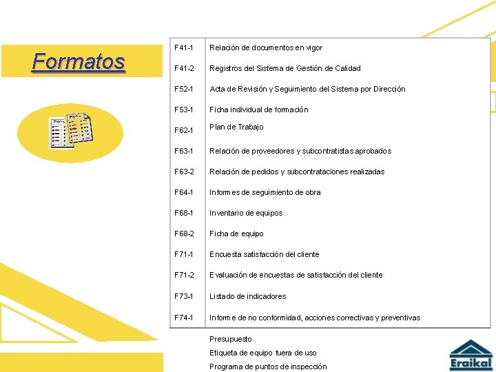 Formatos F 41 -1 Relación de documentos en vigor F 41 -2 Registros del