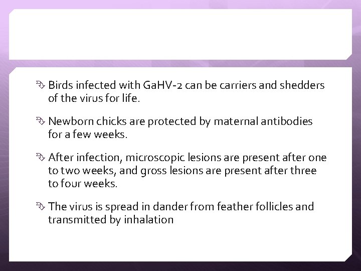  Birds infected with Ga. HV-2 can be carriers and shedders of the virus