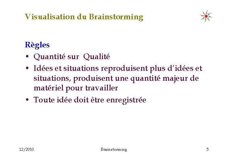 Visualisation du Brainstorming Règles • Quantité sur Qualité • Idées et situations reproduisent plus