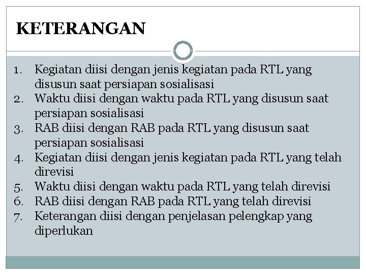 KETERANGAN 1. Kegiatan diisi dengan jenis kegiatan pada RTL yang disusun saat persiapan sosialisasi