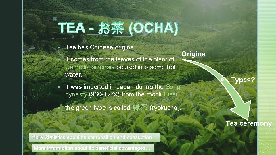 z TEA - お茶 (OCHA) § Tea has Chinese origins. § It comes from