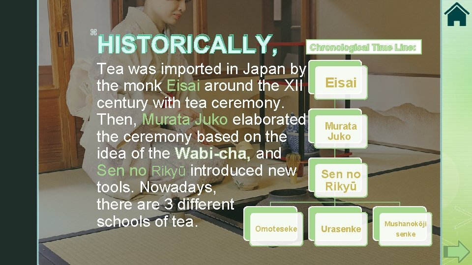 z HISTORICALLY, Chronological Time Line: Tea was imported in Japan by Eisai the monk