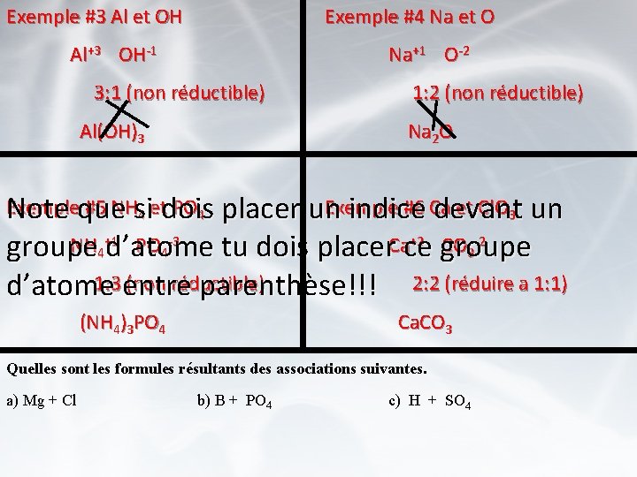 Exemple #3 Al et OH Exemple #4 Na et O Al+3 OH-1 Na+1 O-2