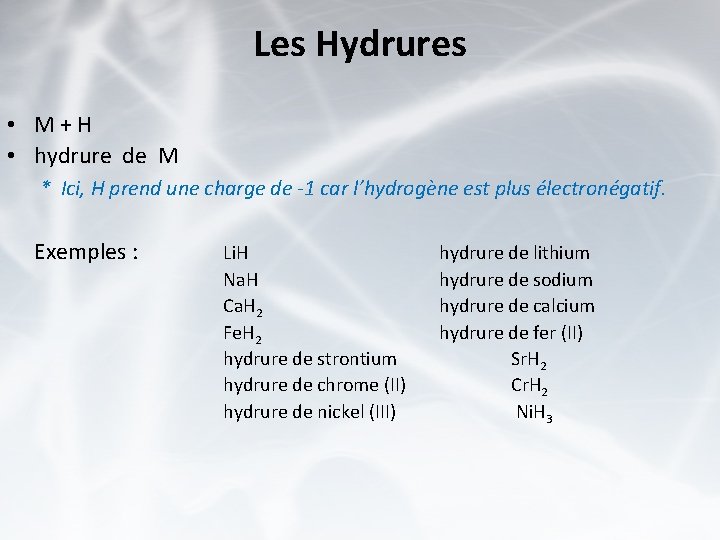 Les Hydrures • M + H • hydrure de M * Ici, H prend
