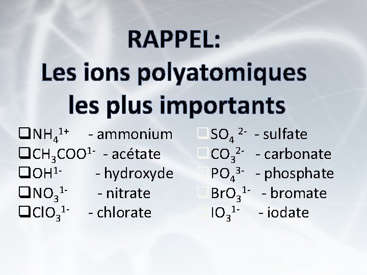 RAPPEL: Les ions polyatomiques les plus importants q. NH 41+ - ammonium q. CH