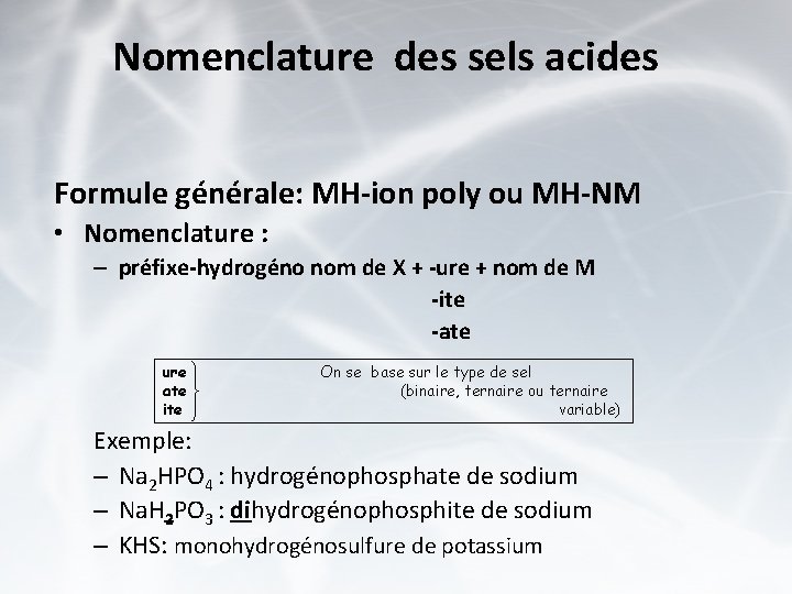 Nomenclature des sels acides Formule générale: MH-ion poly ou MH-NM • Nomenclature : –