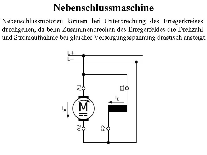 Nebenschlussmaschine Nebenschlussmotoren können bei Unterbrechung des Erregerkreises durchgehen, da beim Zusammenbrechen des Erregerfeldes die