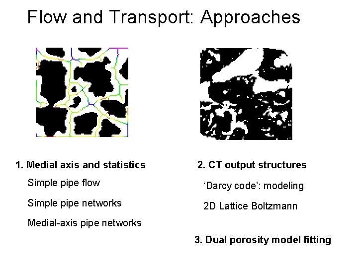 Flow and Transport: Approaches 1. Medial axis and statistics 2. CT output structures Simple