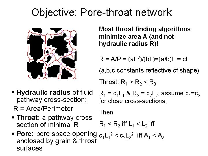 Objective: Pore-throat network Most throat finding algorithms minimize area A (and not hydraulic radius