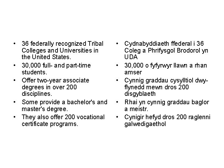  • 36 federally recognized Tribal Colleges and Universities in the United States. •