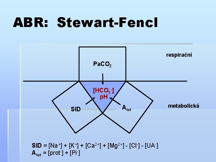 ABR: Stewart-Fencl respirační Pa. CO 2 [HCO 3 -] p. H SID Atot SID