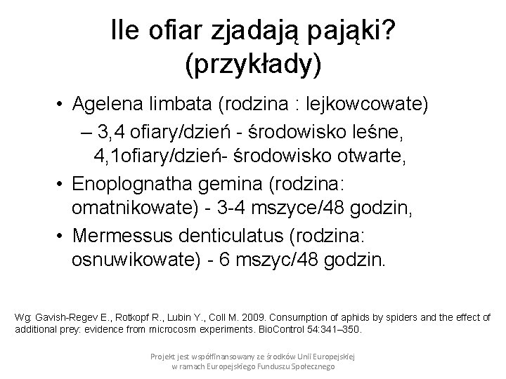 Ile ofiar zjadają pająki? (przykłady) • Agelena limbata (rodzina : lejkowcowate) – 3, 4