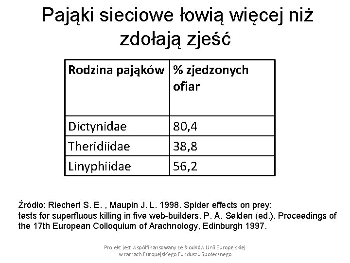 Pająki sieciowe łowią więcej niż zdołają zjeść Rodzina pająków % zjedzonych ofiar Dictynidae Theridiidae