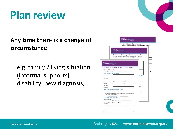 Plan review Any time there is a change of circumstance e. g. family /