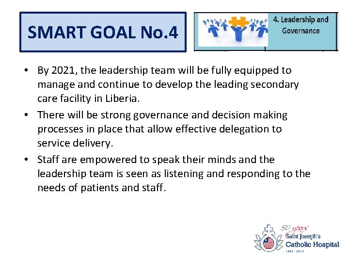 SMART GOAL No. 4 • By 2021, the leadership team will be fully equipped