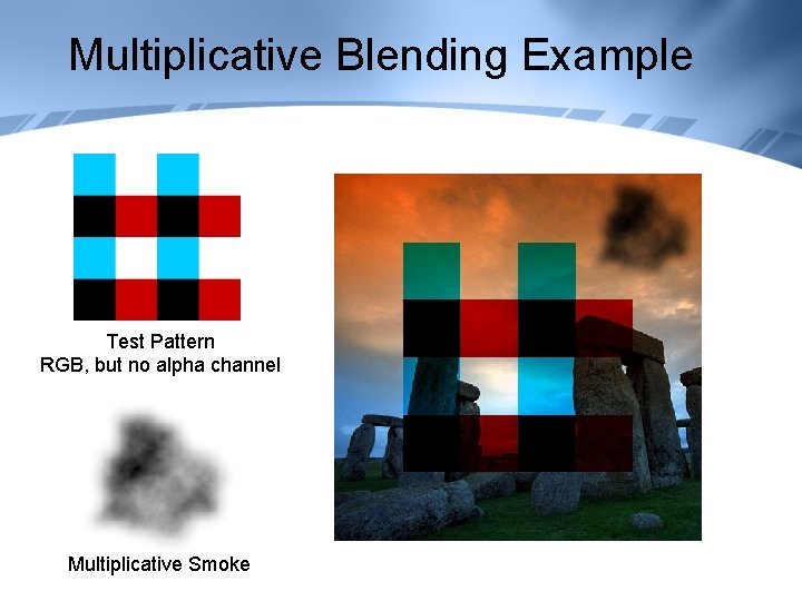 Multiplicative Blending Example Test Pattern RGB, but no alpha channel Multiplicative Smoke 