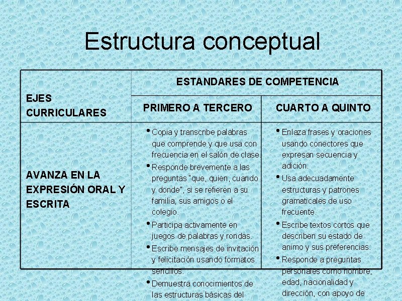 Estructura conceptual ESTANDARES DE COMPETENCIA EJES CURRICULARES PRIMERO A TERCERO CUARTO A QUINTO •