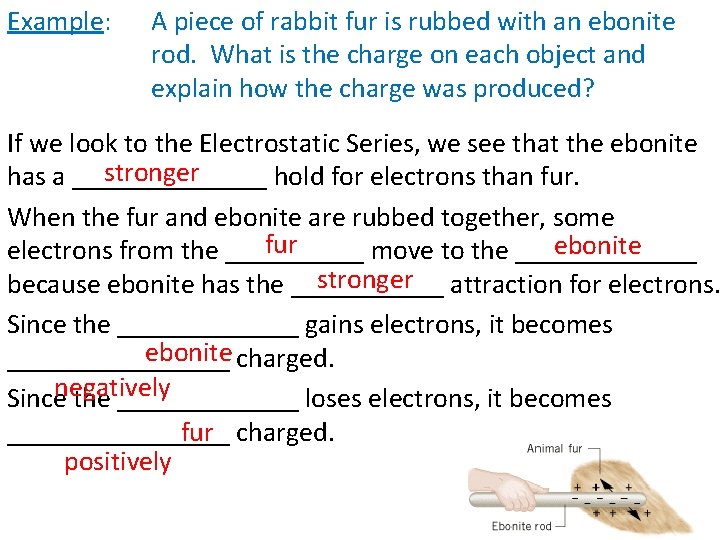 Example: A piece of rabbit fur is rubbed with an ebonite rod. What is
