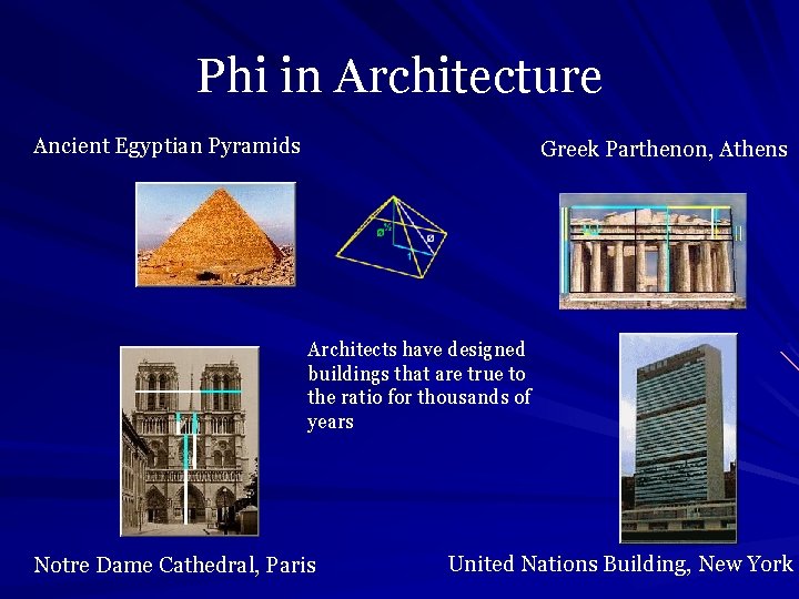 Phi in Architecture Ancient Egyptian Pyramids Greek Parthenon, Athens Architects have designed buildings that