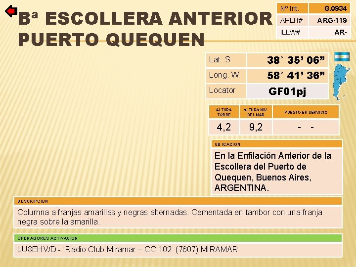 Bª ESCOLLERA ANTERIOR PUERTO QUEQUEN Nº Int. ARLH# G. 0934 ARG-119 ILLW# Lat. S