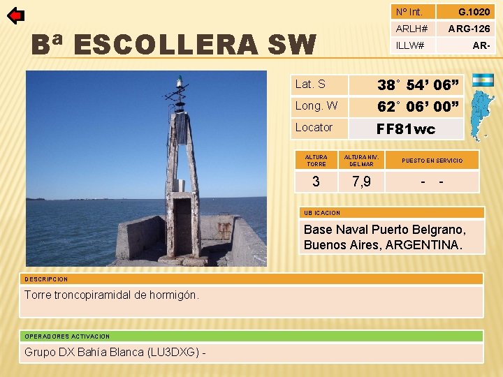 Nº Int. ARLH# Bª ESCOLLERA SW G. 1020 ARG-126 ILLW# Lat. S 38° 54’