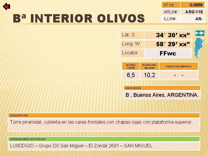 Nº Int. ARLH# Bª INTERIOR OLIVOS G. 0859 ARG-118 ILLW# Lat. S 34° 30’