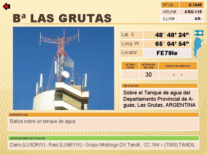 Nº Int. ARLH# Bª LAS GRUTAS G. 1045 ARG-115 ILLW# Lat. S 48° 48’