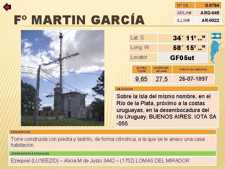 Nº Int. Fº MARTIN GARCÍA G. 0794 ARLH# ARG-045 ILLW# AR-0022 Lat. S 34°