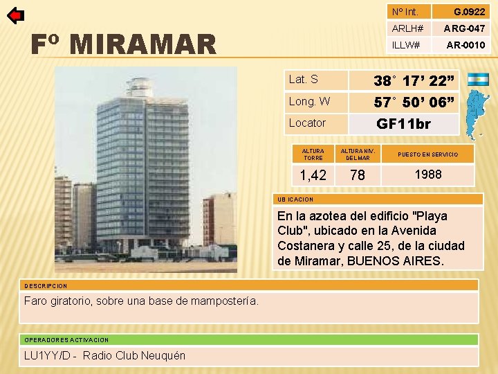 Nº Int. Fº MIRAMAR G. 0922 ARLH# ARG-047 ILLW# AR-0010 Lat. S 38° 17’