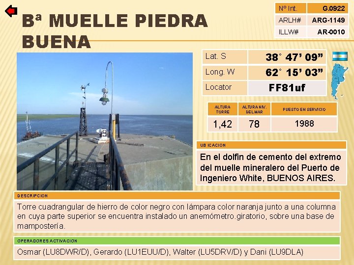 Nº Int. Bª MUELLE PIEDRA BUENA ARLH# G. 0922 ARG-1149 ILLW# AR-0010 Lat. S