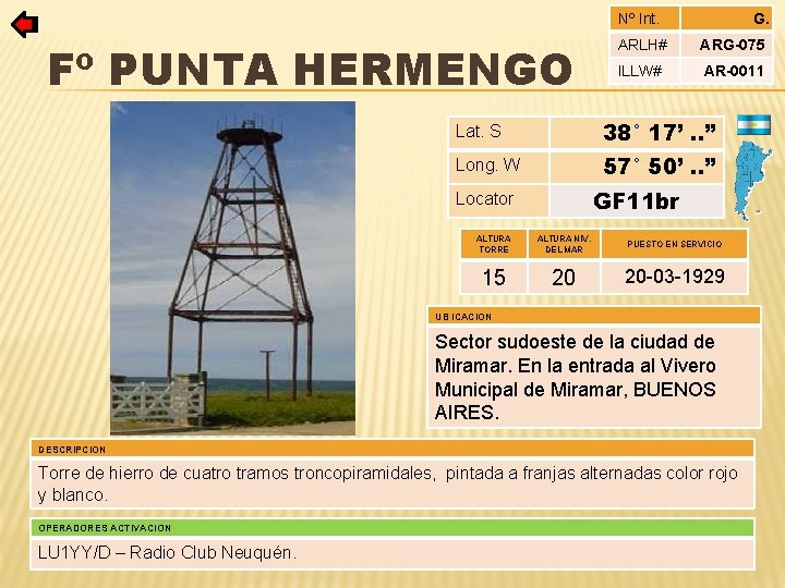 Nº Int. Fº PUNTA HERMENGO G. ARLH# ARG-075 ILLW# AR-0011 Lat. S 38° 17’.