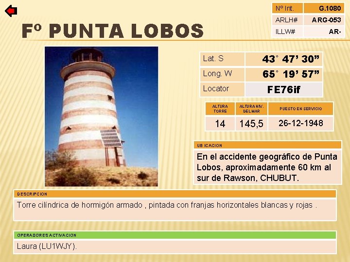 Nº Int. ARLH# Fº PUNTA LOBOS G. 1080 ARG-053 ILLW# Lat. S 43° 47’