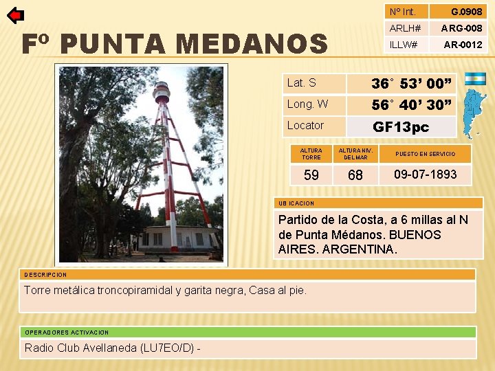 Nº Int. Fº PUNTA MEDANOS G. 0908 ARLH# ARG-008 ILLW# AR-0012 Lat. S 36°