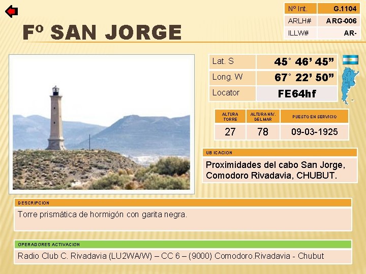 Nº Int. ARLH# Fº SAN JORGE G. 1104 ARG-006 ILLW# Lat. S 45° 46’