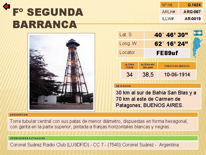 Nº Int. Fº SEGUNDA BARRANCA G. 1024 ARLH# ARG-067 ILLW# AR-0019 Lat. S 40°