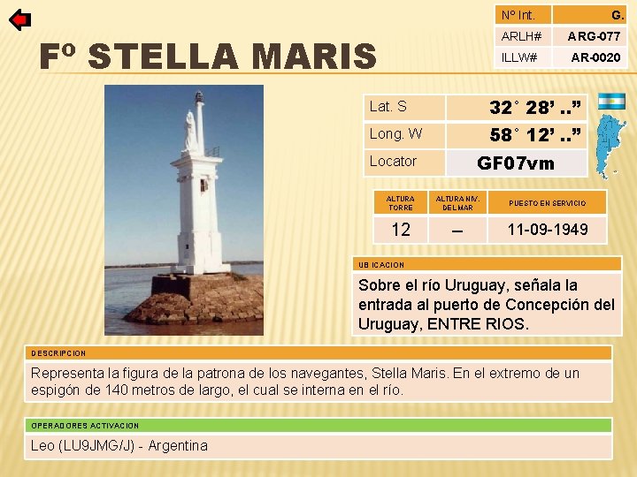 Nº Int. Fº STELLA MARIS G. ARLH# ARG-077 ILLW# AR-0020 Lat. S 32° 28’.