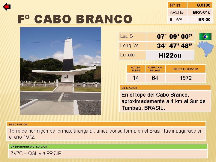 Nº Int. ARLH# Fº CABO BRANCO ILLW# Lat. S 07° 09’ 00” Long. W