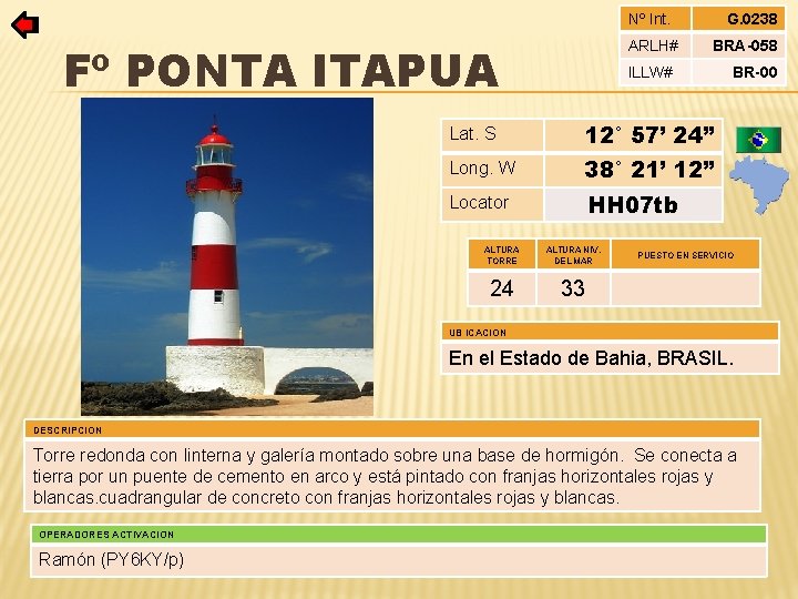 Nº Int. ARLH# Fº PONTA ITAPUA G. 0238 BRA-058 ILLW# Lat. S 12° 57’