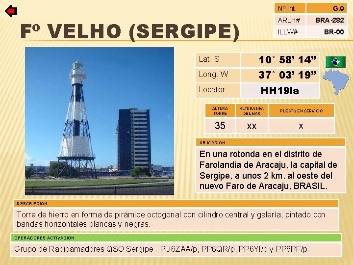 Nº Int. G. 0 ARLH# Fº VELHO (SERGIPE) BRA-282 ILLW# BR-00 Lat. S 10°