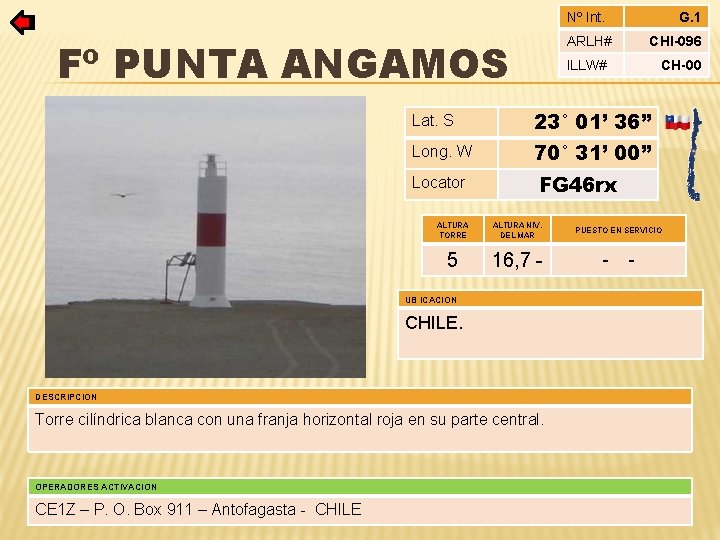 Nº Int. ARLH# Fº PUNTA ANGAMOS Lat. S 23° 01’ 36” Long. W 70°