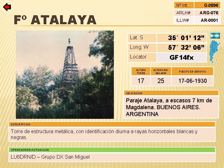 Nº Int. Fº ATALAYA G. 0896 ARLH# ARG-076 ILLW# AR-0001 Lat. S 35° 01’