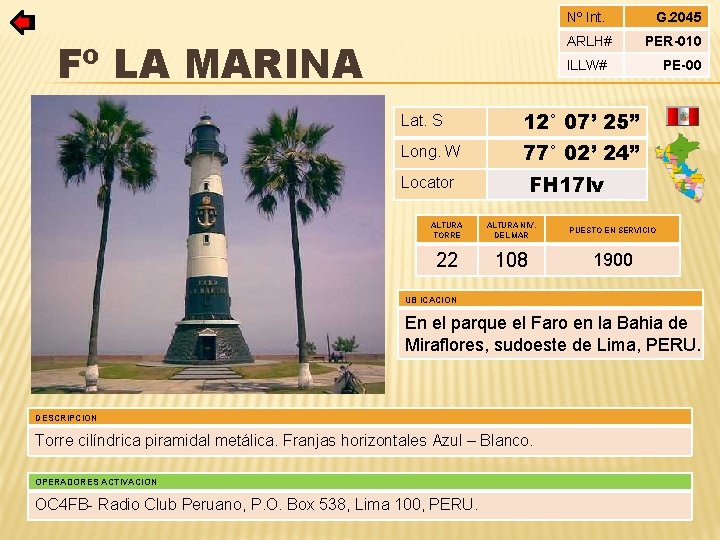 Nº Int. ARLH# Fº LA MARINA G. 2045 PER-010 ILLW# Lat. S 12° 07’